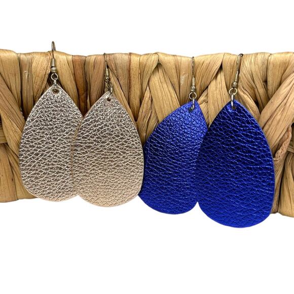 Metallic Faux Leather Teardrop Earrings Blue and Champagne Gold Set of Two - Picture 1 of 5